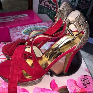 Pump Heel Open Toe with Ankle Strap Red Sparkle